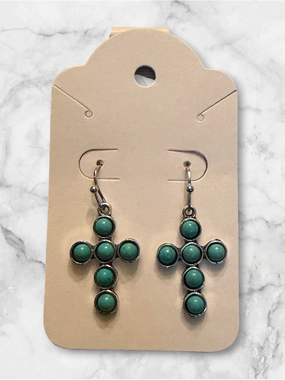 Green Stone Cross Drop Earrings - Women Jewelry